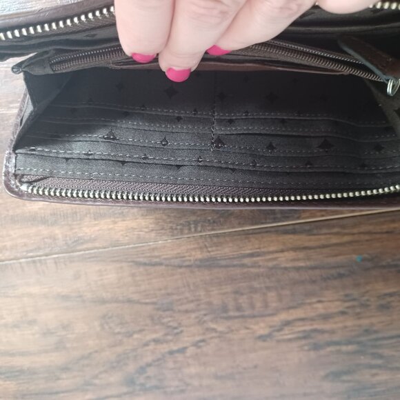 Fossil Wallet Womens Brown Leather Canvas Geometric Zip ID Card Coin - Picture 8 of 10